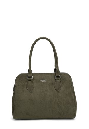 Sac à main en daim vert olive avec deux poignées, une fermeture éclair sur le dessus et le logo "DIANA&CO FIRENZE" au centre devant.