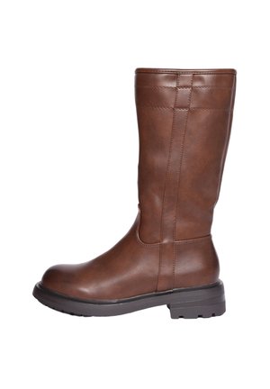 Stivali alti in finta pelle marrone con punta arrotondata, finitura testurizzata e suola di gomma robusta, con sottili dettagli di cucitura.