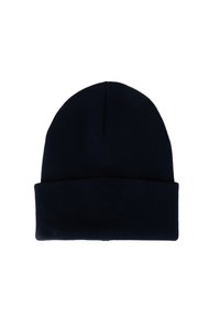 Cappello beanie a maglia blu navy realizzato in tessuto morbido, con polsino ripiegato e una superficie liscia. Design semplice, senza loghi o motivi visibili.