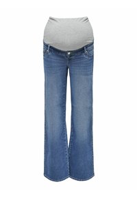 Schwangerschaftsjeans mit einem grauen Jersey-Bereich über dem Bauch, in hellblauem Denim, mit geradem Bein und klassischer Five-Pocket-Stil.
