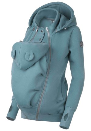 Blue-green maternity hoodie with a front pouch, kangaroo pocket, and textured accents. Features zippers, hood, and thumbholes on sleeves.