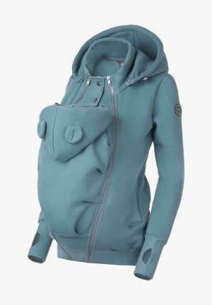 Blaugrüner Stillhoodie mit einer vorderen Tasche, Kängurutasche und strukturierten Akzenten. Verfügt über Reißverschlüsse, Kapuze und Daumenlöcher an den Ärmeln.