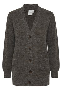 Hnědý pletený cardigan se V-výstřihem, předními knoflíky a dvěma bočními kapsami. Měkká textura s volným střihem a dlouhými rukávy.
