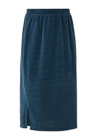 Jupe crayon en tissu côtelé bleu foncé avec taille élastique et petite fente latérale près de l'ourlet.