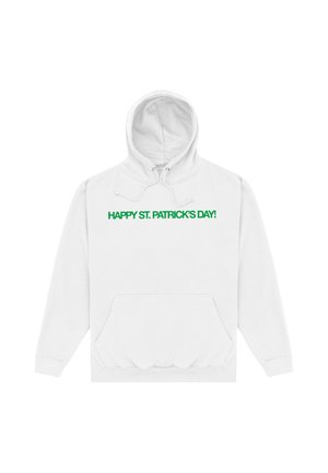 Biała bluza z kapturem i przednią kieszenią oraz zielonym napisem "HAPPY ST. PATRICK'S DAY!" na piersi.