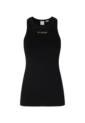 Canotta nera con texture a coste e scollo rotondo. Presenta il nome del marchio "PINKO" in lettere dorate sul petto.