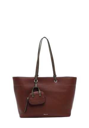 Braune Ledertasche mit zwei dunklen Griffen und kleinem angenähtem Reißverschlussfach an der Vorderseite.
