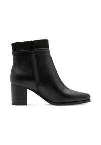 Stivaletto in pelle nera con punta affusolata, finitura liscia, zip laterale e bordo in tessuto a contrasto. Tacco spesso e rigato.