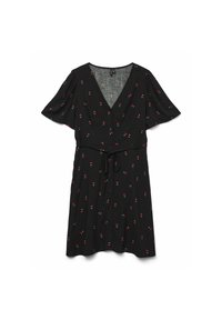 Schwarzes Kleid mit kurzen schwingenden Ärmeln, V-Ausschnitt, Knopfleiste, gebundenem Taillenband und einem roten und grünen Kirschmuster auf dem Stoff.