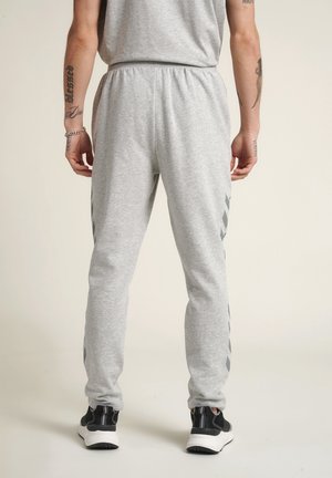 Graue Jogginghose aus weichem Material mit schmalem Schnitt und seitlichen Streifen in einem dunkleren Grau. Elastischer Bund für zusätzlichen Komfort.