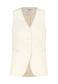 Mouwloze crèmekleurige vest met een V-hals, vijf knopen aan de voorkant en zijzakken. Soepele textuur en op maat gemaakte stijl.