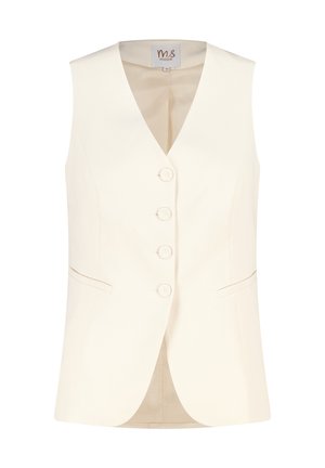 Mouwloze crèmekleurige vest met een V-hals, vijf knopen aan de voorkant en zijzakken. Soepele textuur en op maat gemaakte stijl.