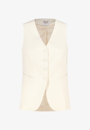 Mouwloze crèmekleurige vest met een V-hals, vijf knopen aan de voorkant en zijzakken. Soepele textuur en op maat gemaakte stijl.