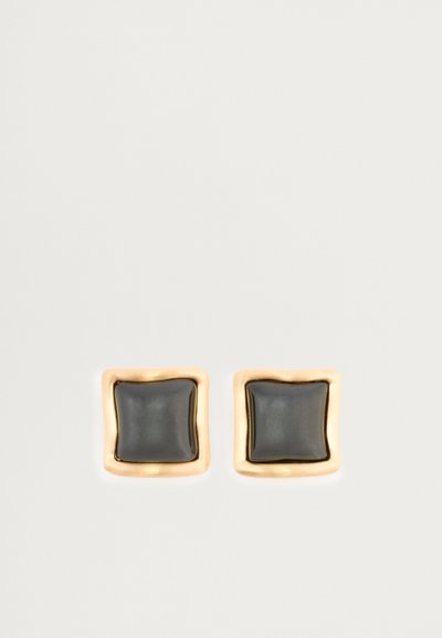 Gold-tone square stud earrings featuring a black enamel center with rounded edges. Smooth texture and glossy finish enhance the visual appeal.