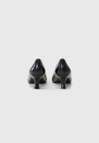Zapatos de tacón alto de cuero negro con punta afilada y un diseño clásico de tacón curvado. Acabado suave, estilo minimalista y sin adornos.