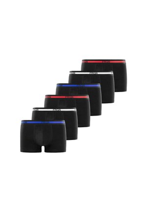 Paquet de six slips boxers noirs avec des ceintures élastiques rouges, blanches et bleues. Le matériau est lisse avec un ajustement près du corps et une poche à l'avant.