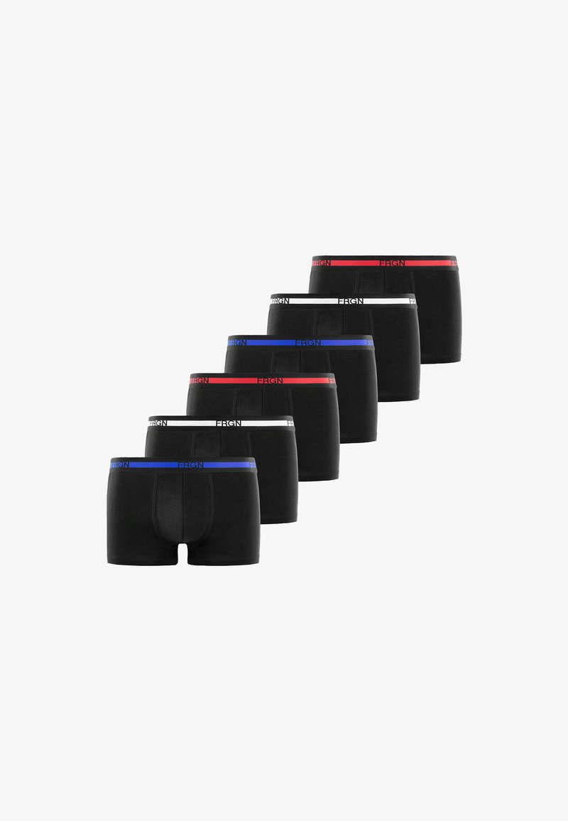 Paquet de six slips boxers noirs avec des ceintures élastiques rouges, blanches et bleues. Le matériau est lisse avec un ajustement près du corps et une poche à l'avant.
