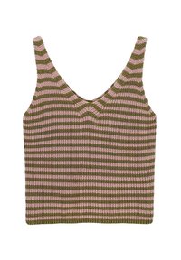 Débardeur en tricot avec des rayures horizontales vertes et roses, avec un col en V et des bretelles larges. Tissu texturé avec une coupe ajustée.