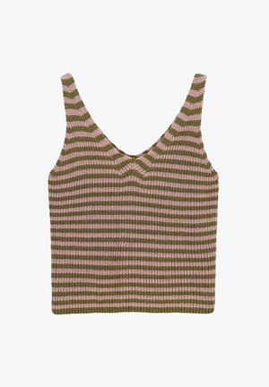 Débardeur en tricot avec des rayures horizontales vertes et roses, avec un col en V et des bretelles larges. Tissu texturé avec une coupe ajustée.