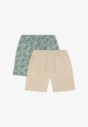 Zwei Shorts, eine hellgrün mit Eidechsendruck, die andere beige. Beide haben elastische Taillenbänder und Kordelzugdetails.
