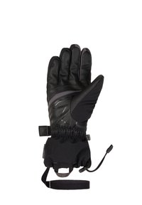 Gant en noir avec une paume en cuir et une partie supérieure en tissu, poignet élastique, sangle réglable et un design élégant avec des détails subtils.