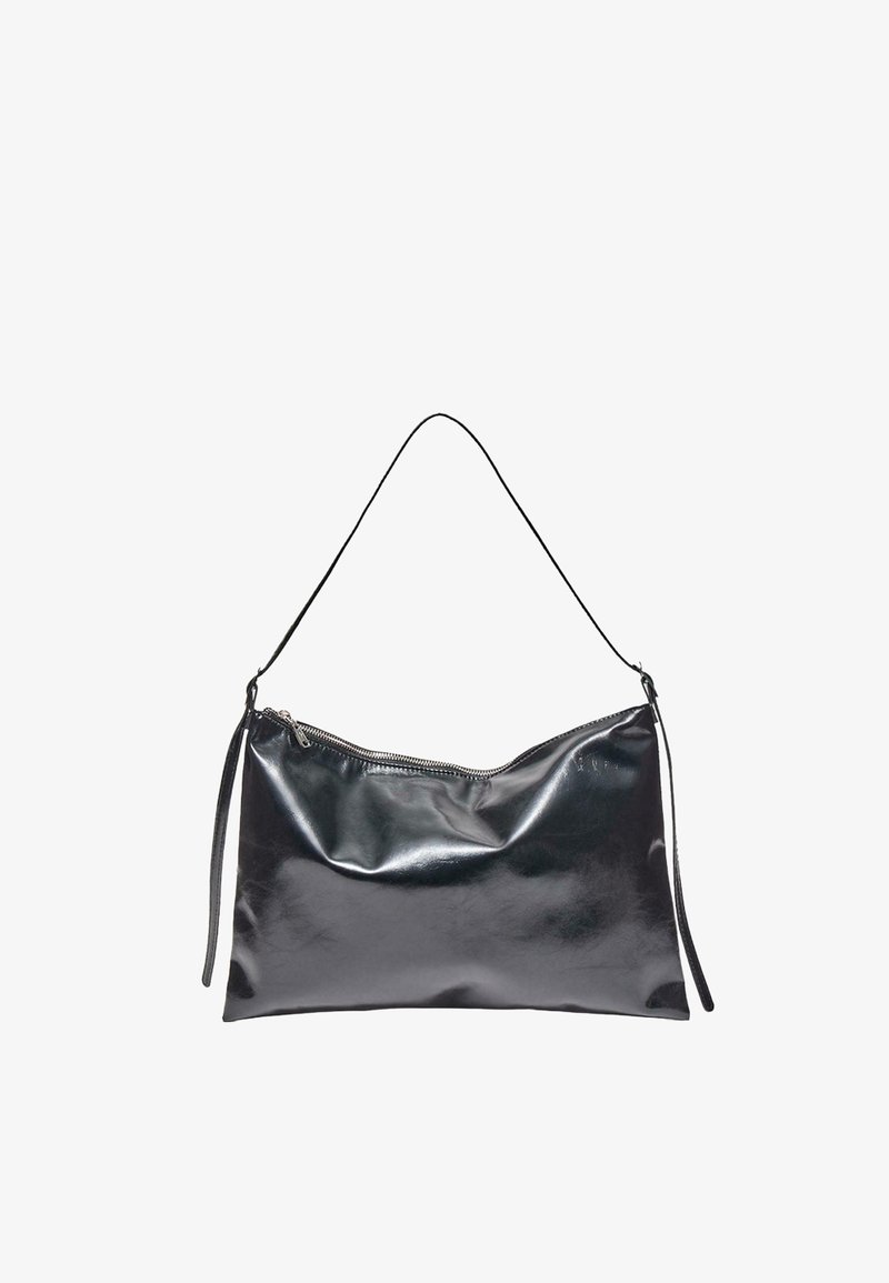 Black glossy leather shoulder bag with a top zipper and a single thin strap for carrying.