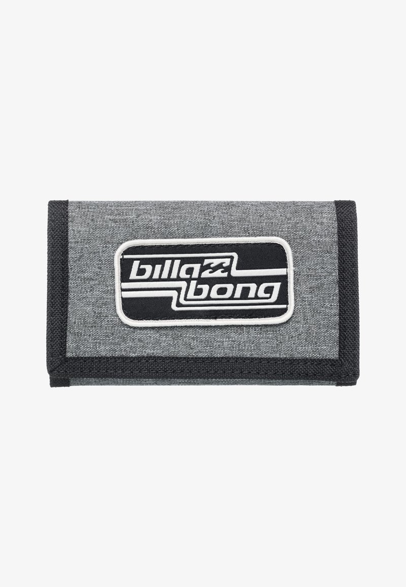 Grey fabric wallet with black trim, featuring a prominent white and black Billabong logo patch. Rectangular shape, textured surface.