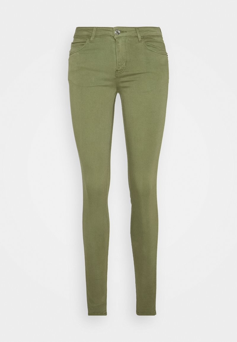 Olivgröna smala jeans i stretchig bomullsblandning, med fem fickor och frontknäppning. Slät textur, figursydd passform.