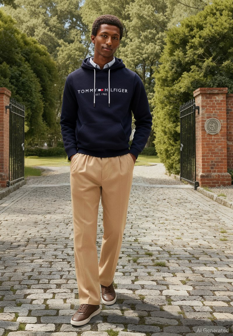 Sudadera con capucha azul marino con logo, pantalones plisados beige y zapatillas marrones. Textura suave, diseño informal, entorno exterior con vegetación.