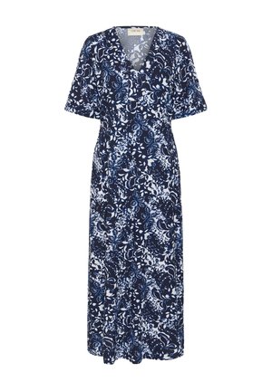 Robe maxi bleu marine à motifs floraux avec un col en V, manches courtes et un design fluide. Présente des motifs floraux blancs sur un tissu doux.