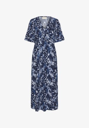 Granatowa sukienka maxi w kwiaty z dekoltem w serek, krótkimi rękawami i zwiewnym fasonem. Ozdobiona białymi kwiatowymi wzorami na miękkim materiale.