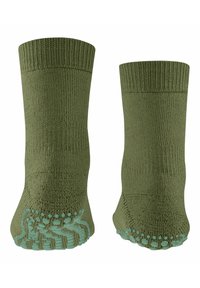 Zielone skarpetki dziane z prążkowanym mankietem, z teksturowanym wzorem silikonowym na podeszwach dla lepszej przyczepności.