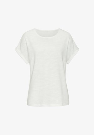 Valge lühikeste varrukatega T-särk, mis on valmistatud pehmest ja tekstuuritud kangast. Omab ümmargust kaelust ja rullitud varrukaid, pakkudes mugavat sobivust.