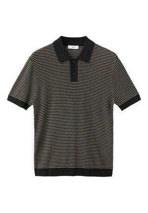 Polo noir à manches courtes avec fines rayures blanches horizontales, col noir uni, patte de boutonnage et poignets de manches.
