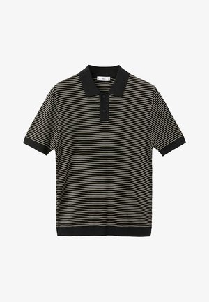 Polo noir à manches courtes avec fines rayures blanches horizontales, col noir uni, patte de boutonnage et poignets de manches.