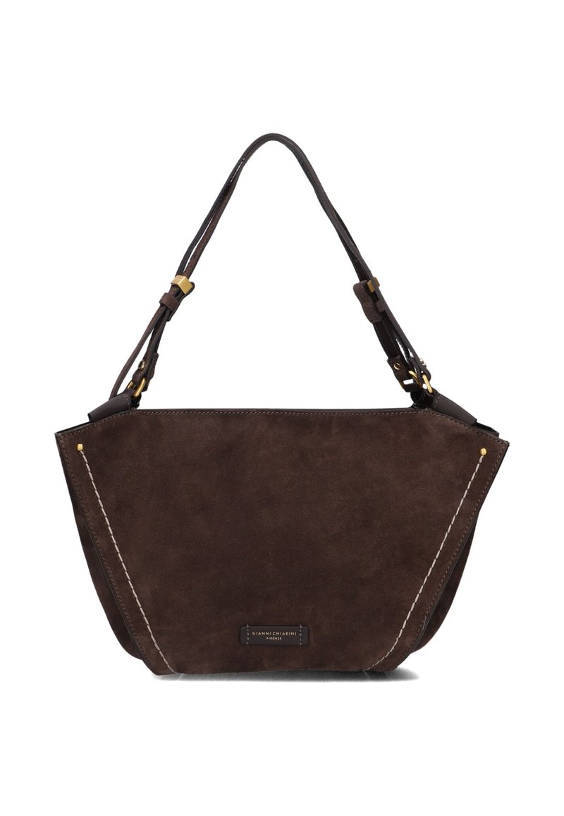 Borsa a tracolla in pelle scamosciata marrone con un design strutturato, caratterizzata da dettagli in metallo dorato, cuciture bianche a contrasto e due manici.