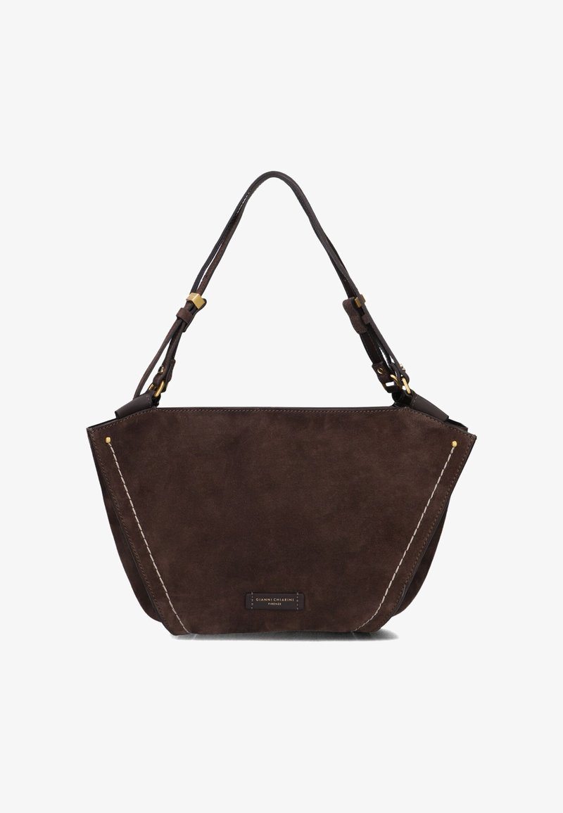 Borsa a tracolla in pelle scamosciata marrone con un design strutturato, caratterizzata da dettagli in metallo dorato, cuciture bianche a contrasto e due manici.