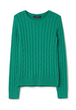 Grüner Kabelstrickpullover mit Rundhalsausschnitt, strukturiertem Muster und gerippten Bündchen und Saum. Aus atmungsaktivem Material, ideal zum Layering.