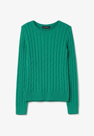 Jersey de punto trenzado verde con cuello redondo, patrón texturizado y puños y dobladillo de canalé. Fabricado con una tela transpirable, ideal para superponer.
