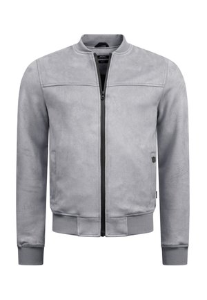 Veste bomber en daim gris clair avec fermeture éclair noire, col, poignets et ourlet côtelés, avec poches latérales et petit logo sur le côté droit.