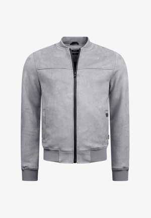 Lysegrå ruskind bomberjakke med sort lynlås, ribbet krave, manchetter og kant, med sidelommer og lille logo på højre side.