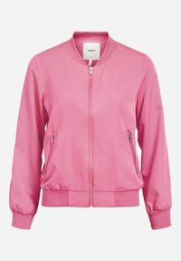 Růžová bomber bunda s hladkým povrchem, předním zipem, žebrovanými manžetami a dvěma bočními kapsami na zip. Disponuje klasickým, přiléhavým střihem.