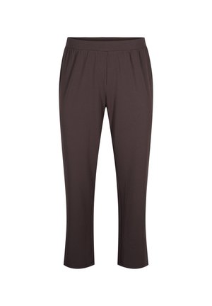 Pantalons en tissu extensible marron avec une ceinture élastique, design à jambe fuselée et sans fermetures ni poches visibles. Texture lisse sur l'ensemble.