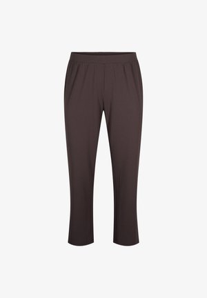 Brown, stretch fabric pants with an elastic waistband, tapered leg design, and no visible fastenings or pockets. Smooth texture throughout.