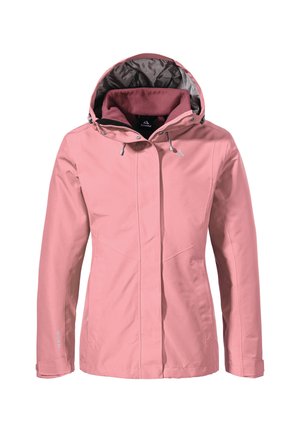 Veste rose imperméable avec capuche, dotée d'une doublure grise, fermeture éclair et cordons de serrage réglables. Texture lisse et design simple.