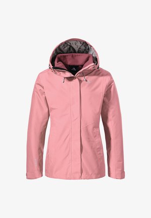 Veste rose imperméable avec capuche, dotée d'une doublure grise, fermeture éclair et cordons de serrage réglables. Texture lisse et design simple.