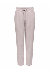 Lichtroze taps toelopende broek met een trekkoord in de taille, geplooide voorkant en zakken. Soepele textuur, enkellange stijl.