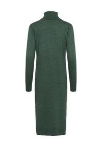 Rochie tricotată cu guler înalt, cu mânecă lungă, de culoare verde închis, cu manșete și tiv cu model ondulat, prezentată din spate pe un fundal alb.