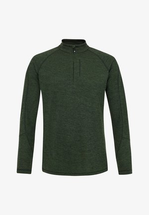 Green, long-sleeve pullover with a half-zip collar. Textured fabric, raglan sleeves, and flatlock seams for comfort and mobility.