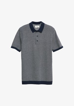 Heren polo met korte mouwen, marineblauwe kraag, manchetten en zoom, met een klein wit en marineblauw geruit patroon en drie knopen aan de voorkant.